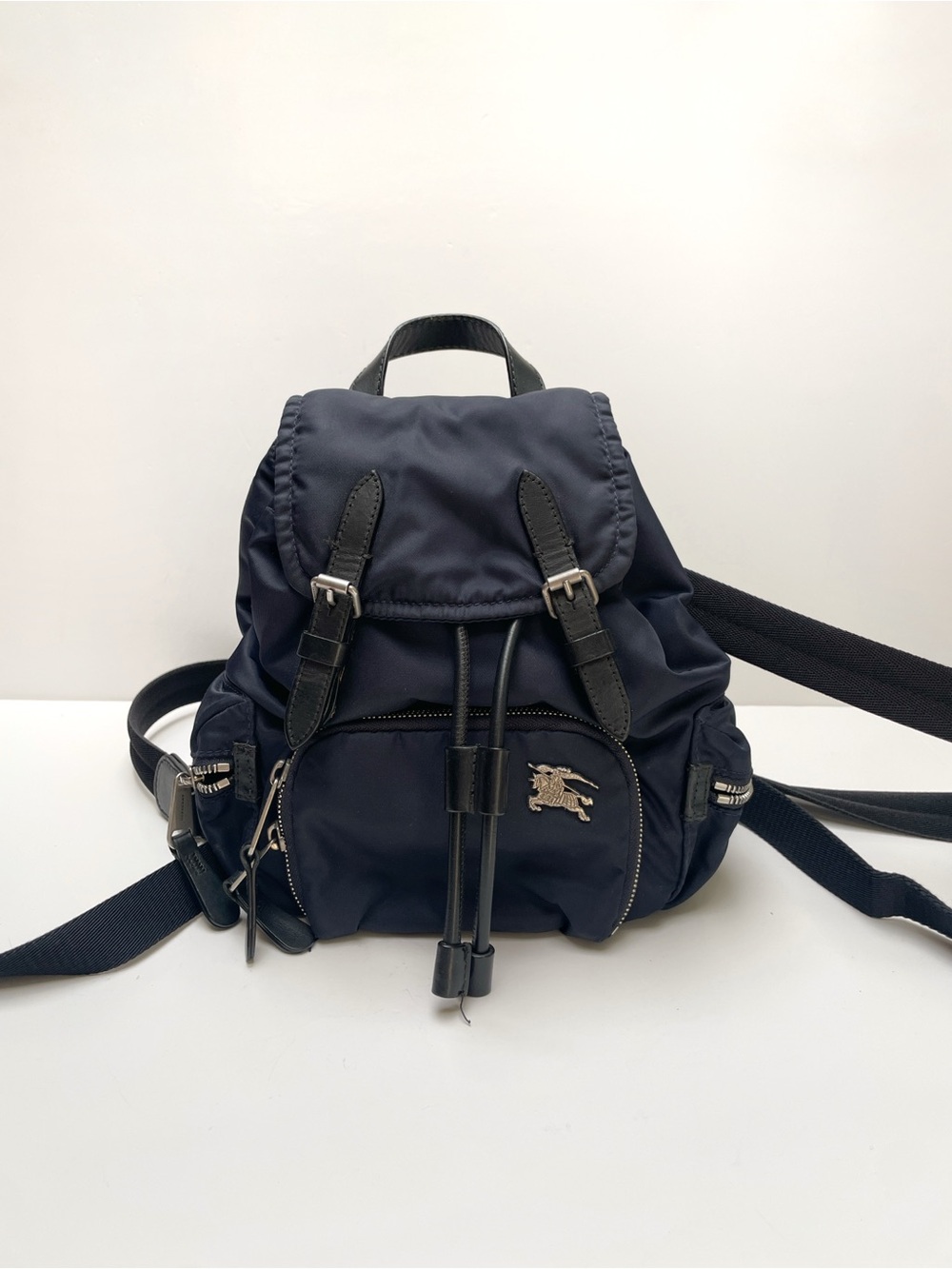 Burberry Navy Nylon Drawstring Mini Backpack with Leather Trim